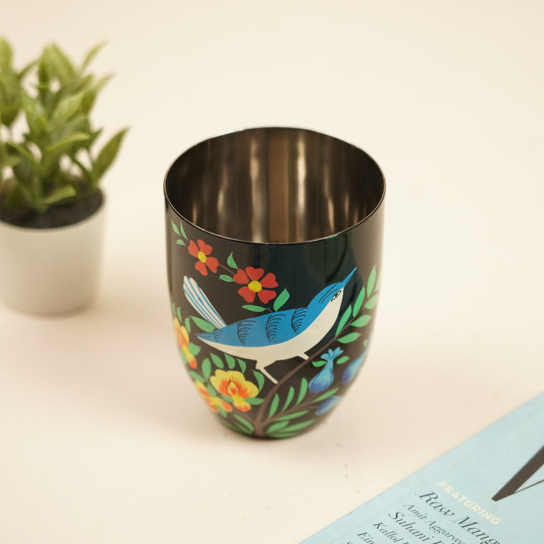 2Pc | Hand-Painted Black Floral Kashmiri Art Stainless Steel Large Round Glasses