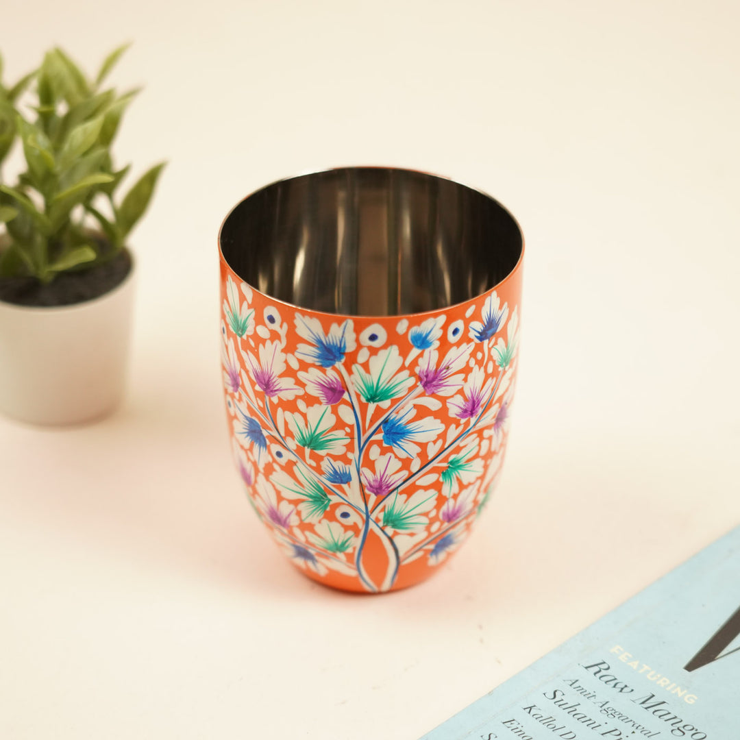2Pc | Hand-Painted Orange Floral Kashmiri Art Stainless Steel Large Round Glasses