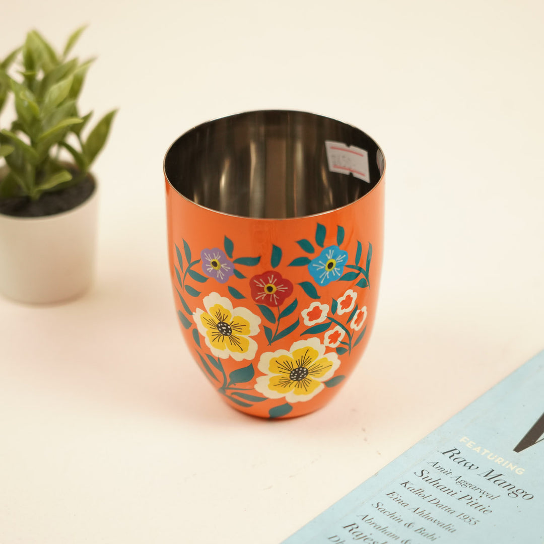2Pc | Hand-Painted Orange & Blue Floral Kashmiri Art Stainless Steel Large Round Glasses