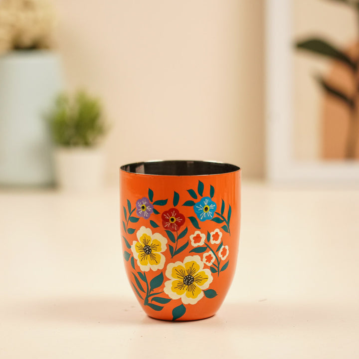 2Pc | Hand-Painted Orange & Blue Floral Kashmiri Art Stainless Steel Large Round Glasses