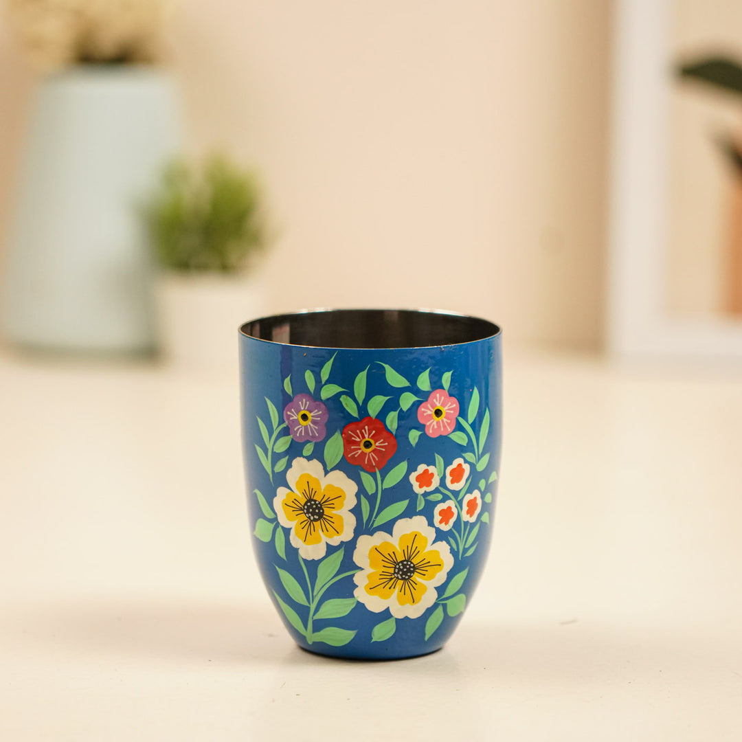 2Pc | Hand-Painted Black & Blue Floral Kashmiri Art Stainless Steel Large Round Glasses