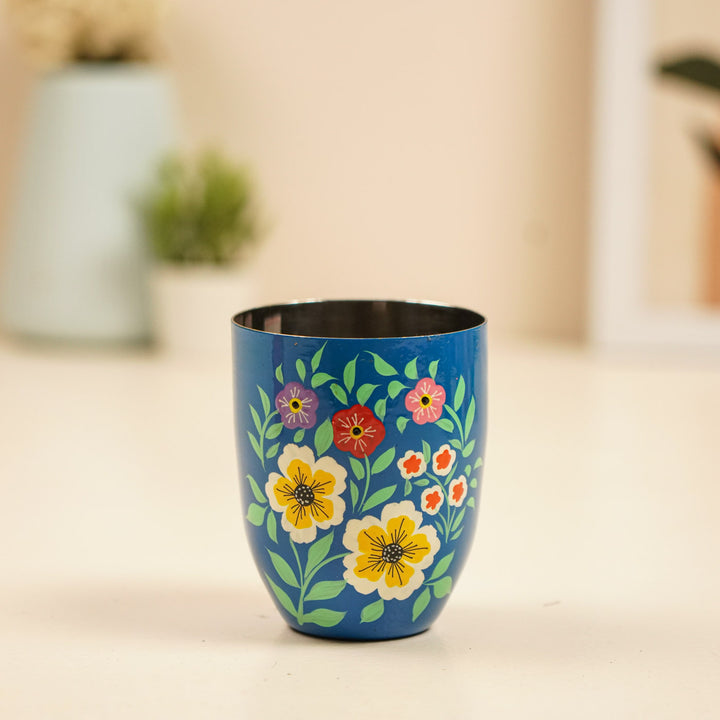 2Pc | Hand-Painted Black & Blue Floral Kashmiri Art Stainless Steel Large Round Glasses