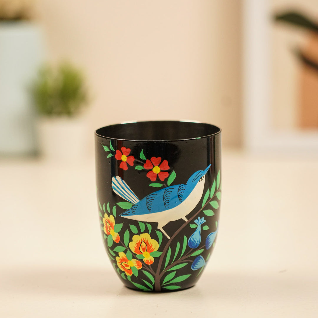 2Pc | Hand-Painted Black Floral Kashmiri Art Stainless Steel Large Round Glasses