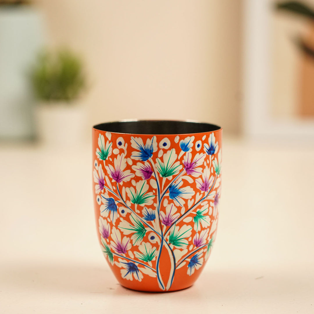 2Pc | Hand-Painted Orange Floral Kashmiri Art Stainless Steel Large Round Glasses