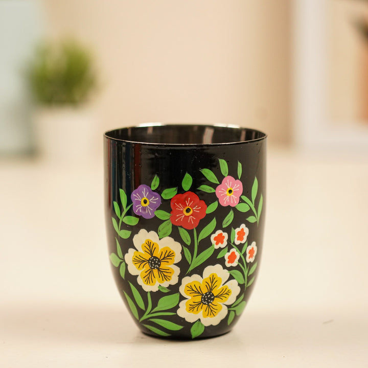2Pc | Hand-Painted Black & Blue Floral Kashmiri Art Stainless Steel Large Round Glasses