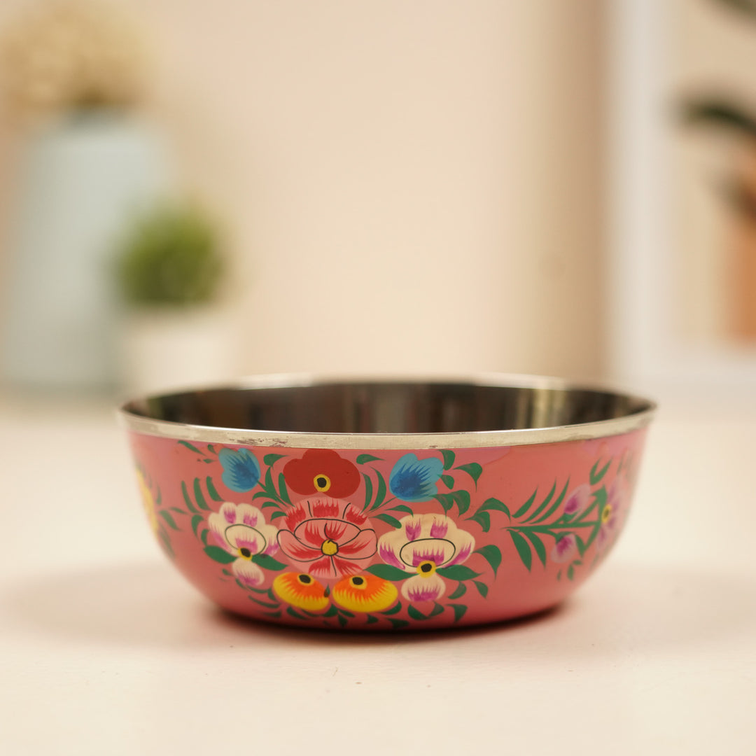 2Pc | Hand-Painted Pink & Green Floral Kashmiri Art Stainless Steel Extra Large Bowls