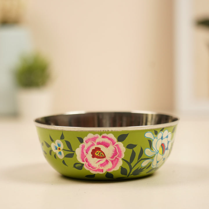 2Pc | Hand-Painted Floral Kashmiri Art Stainless Steel Extra Large Bowls