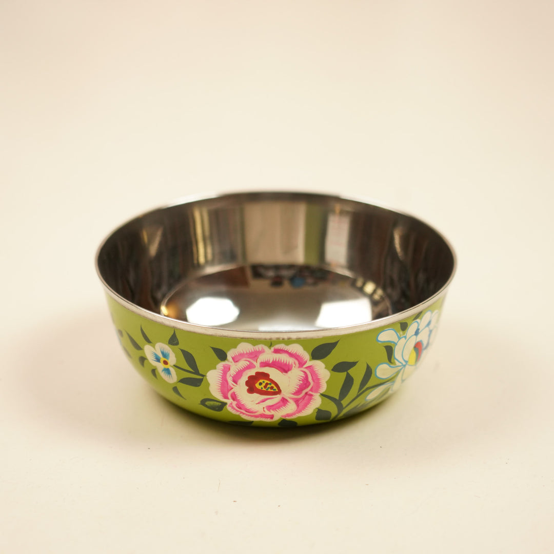 2Pc | Hand-Painted Pink & Green Floral Kashmiri Art Stainless Steel Extra Large Bowls