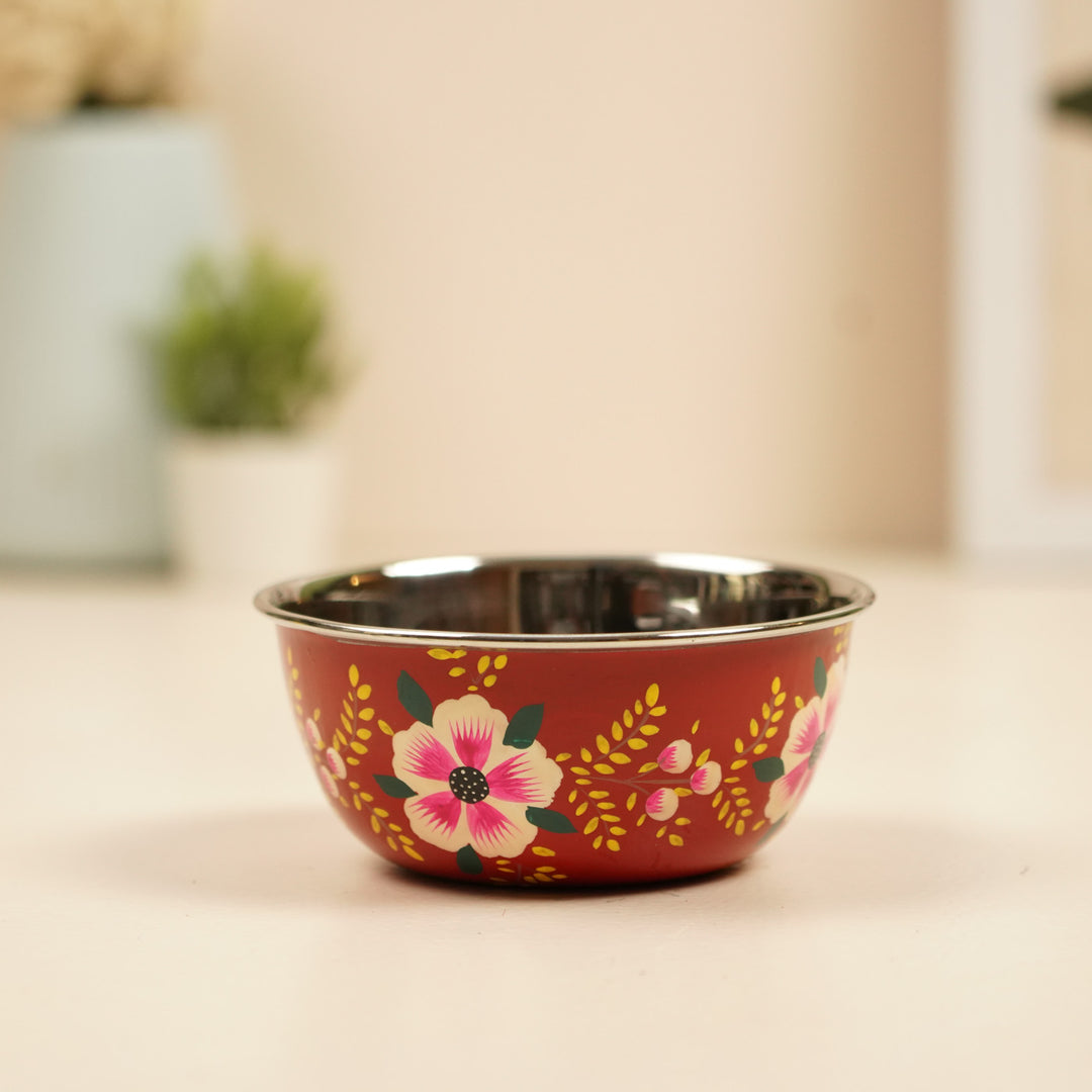 2Pc | Hand-Painted Yellow & Red Floral Kashmiri Art Stainless Steel Large Bowls