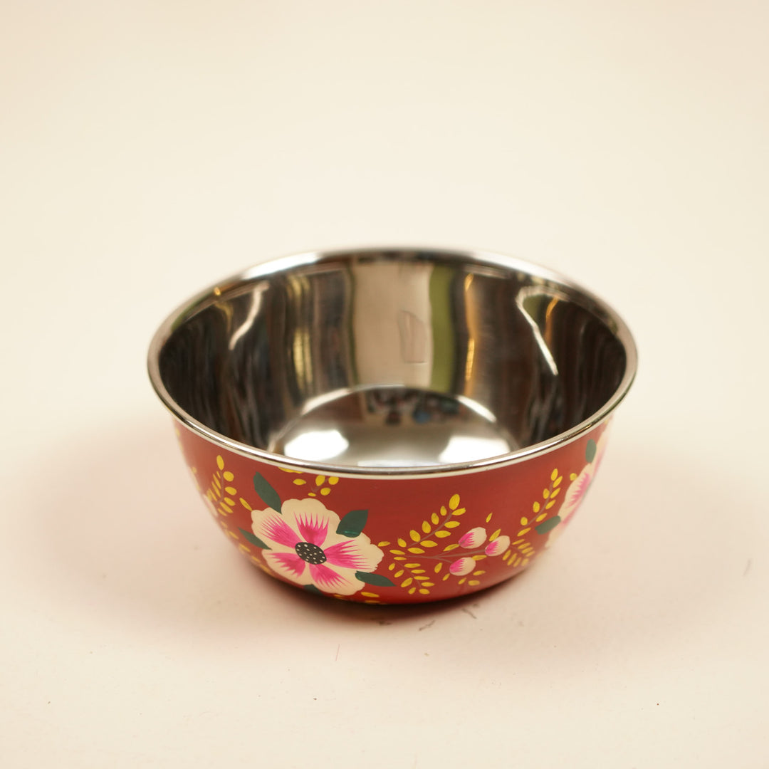 2Pc | Hand-Painted Yellow & Red Floral Kashmiri Art Stainless Steel Large Bowls