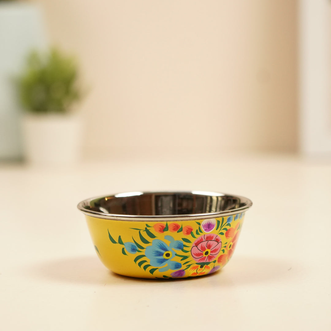 2Pc | Hand-Painted Yellow & Green Floral Kashmiri Art Stainless Steel Small Bowls