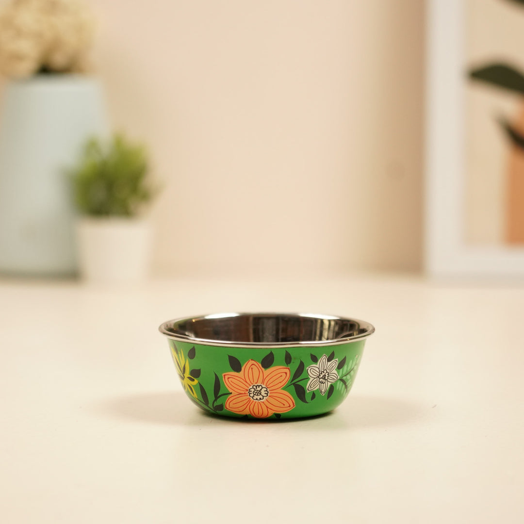 2Pc | Hand-Painted Yellow & Green Floral Kashmiri Art Stainless Steel Small Bowls
