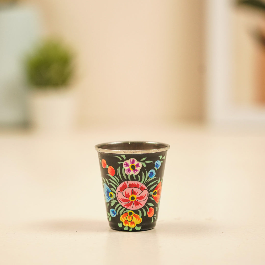 2Pc | Hand-Painted Black & Green Floral Kashmiri Art Stainless Steel Shot Glasses