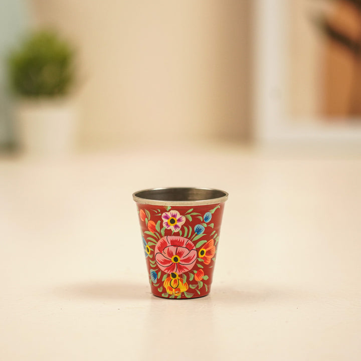 2Pc | Hand-Painted Floral Kashmiri Art Stainless Steel Shot Glasses