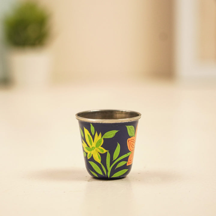 2Pc | Hand-Painted Green & Blue Floral Kashmiri Art Stainless Steel Shot Glasses
