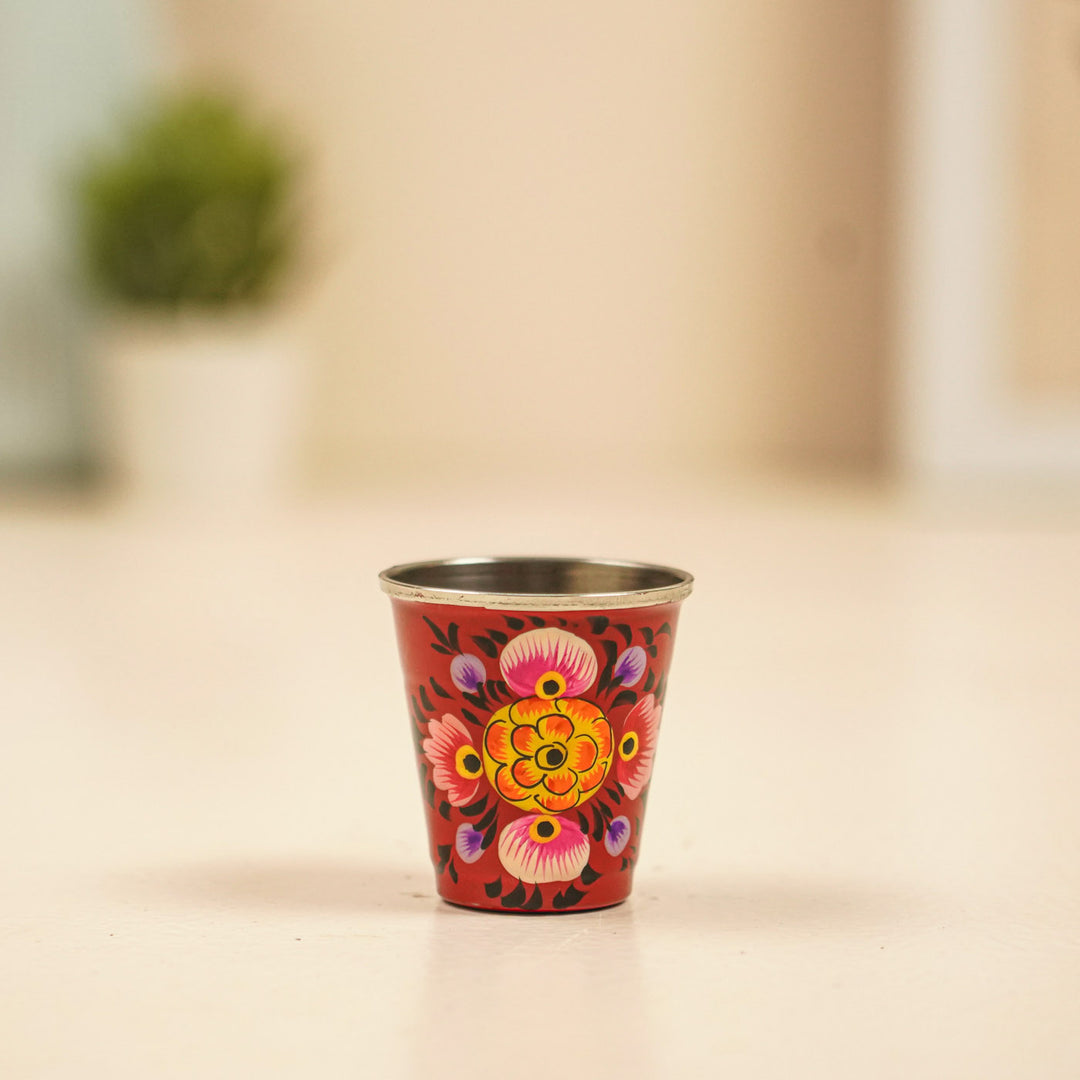 2Pc | Hand-Painted Floral Kashmiri Art Stainless Steel Shot Glasses