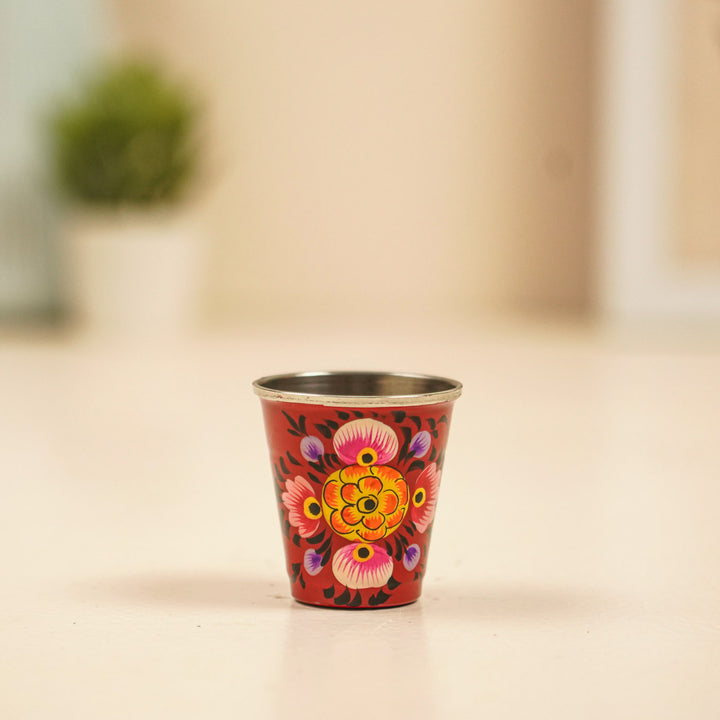 2Pc | Hand-Painted Red & Blue Floral Kashmiri Art Stainless Steel Shot Glasses