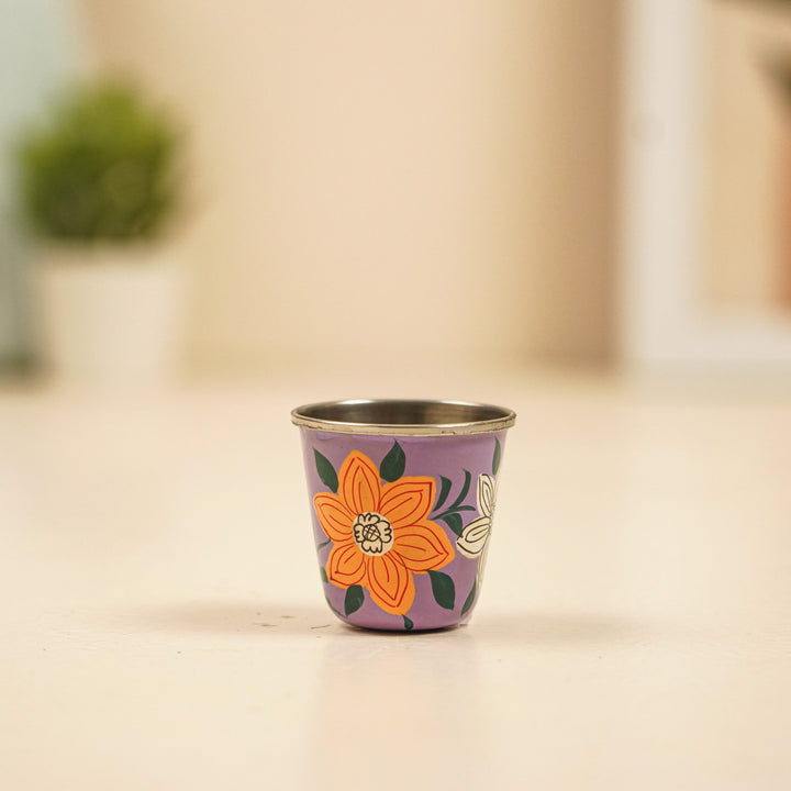 2Pc | Hand-Painted Pink & Purple Floral Kashmiri Art Stainless Steel Shot Glasses