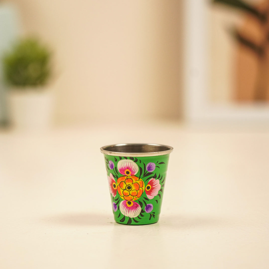 2Pc | Hand-Painted Black & Green Floral Kashmiri Art Stainless Steel Shot Glasses
