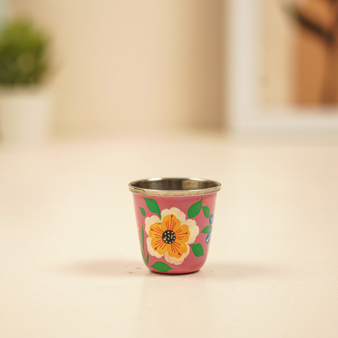 2Pc | Hand-Painted Pink & Purple Floral Kashmiri Art Stainless Steel Shot Glasses