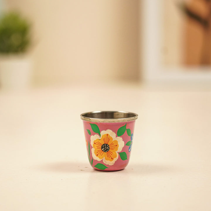 2Pc | Hand-Painted Pink & Purple Floral Kashmiri Art Stainless Steel Shot Glasses
