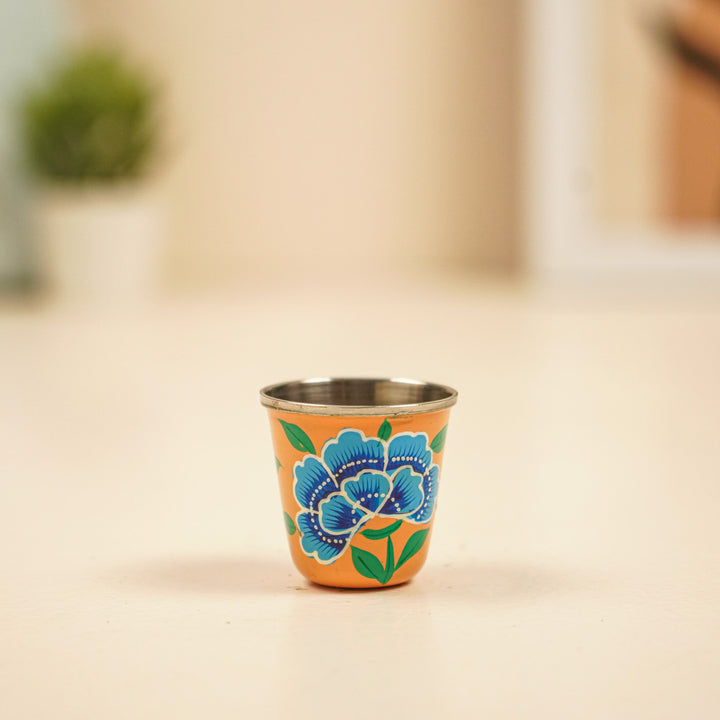 2Pc | Hand-Painted Pink & Yellow Floral Kashmiri Art Stainless Steel Shot Glasses