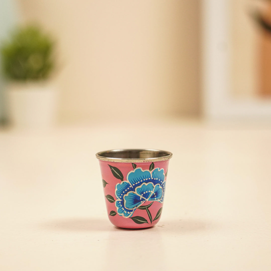 2Pc | Hand-Painted Pink & Yellow Floral Kashmiri Art Stainless Steel Shot Glasses