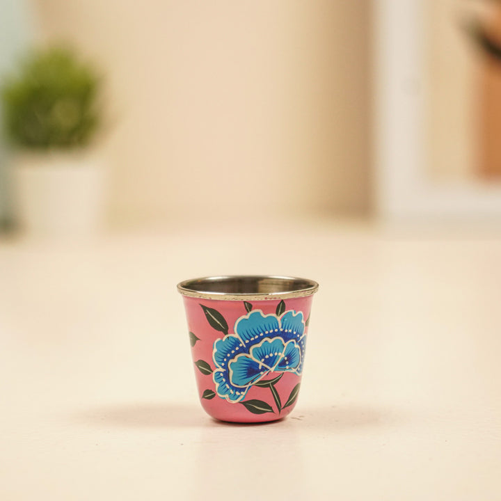 2Pc | Hand-Painted Pink & Yellow Floral Kashmiri Art Stainless Steel Shot Glasses