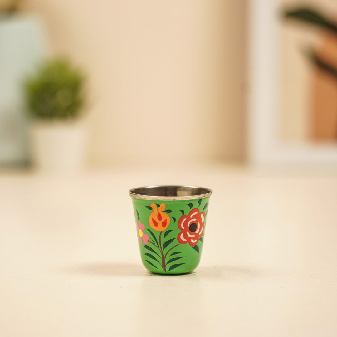 2Pc | Hand-Painted Green & Blue Floral Kashmiri Art Stainless Steel Shot Glasses