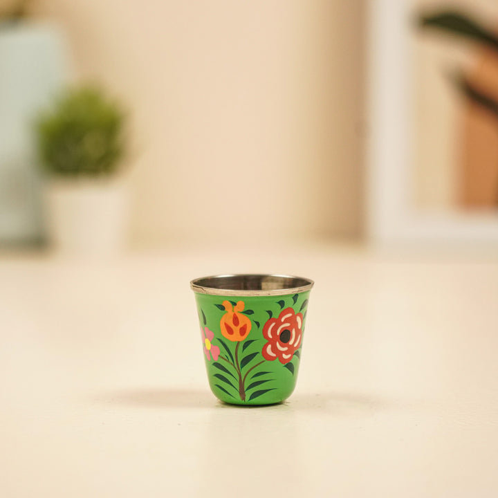 2Pc | Hand-Painted Green & Blue Floral Kashmiri Art Stainless Steel Shot Glasses