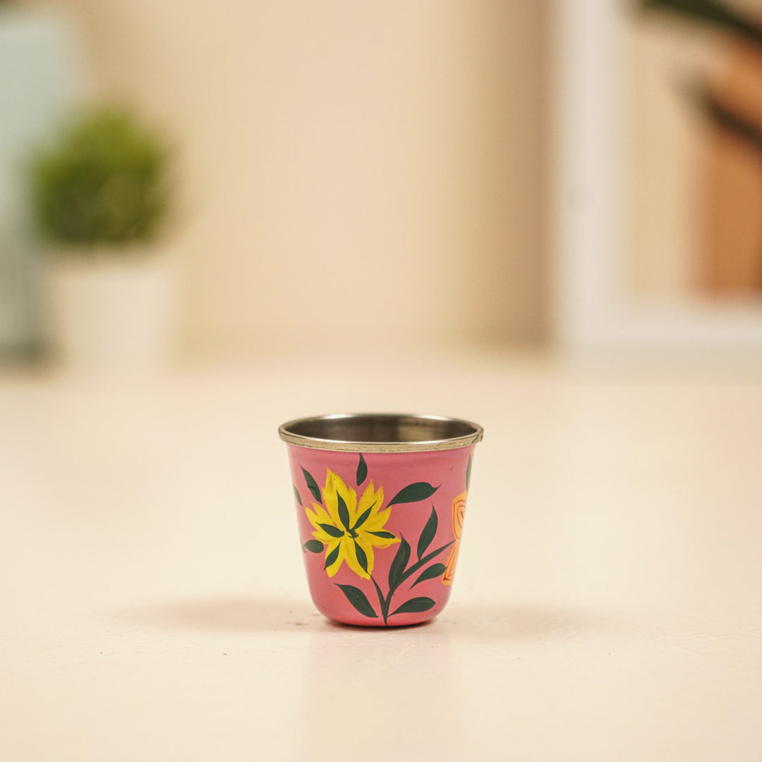 2Pc | Hand-Painted Green & Pink Floral Kashmiri Art Stainless Steel Shot Glasses