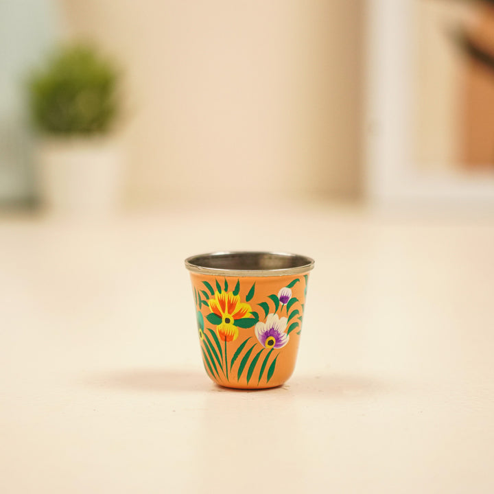 2Pc | Hand-Painted Yellow & Pink Floral Kashmiri Art Stainless Steel Shot Glasses
