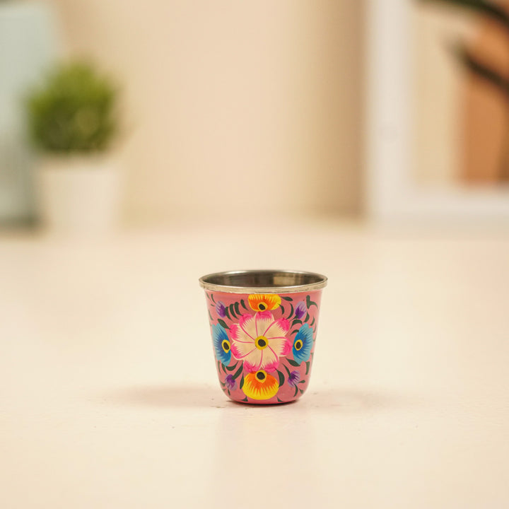 2Pc | Hand-Painted Pink & Green Floral Kashmiri Art Stainless Steel Shot Glasses
