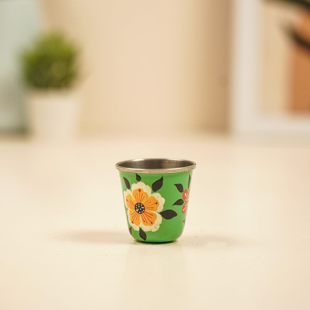 2Pc | Hand-Painted Pink & Green Floral Kashmiri Art Stainless Steel Shot Glasses