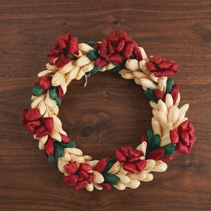 Handmade Ecofriendly Corn Husk Red Flower Wreath
