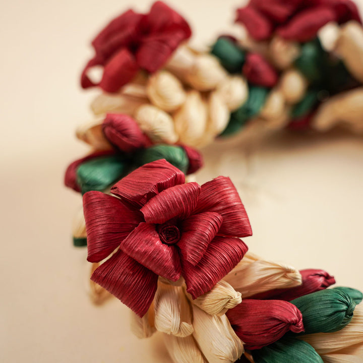 Handmade Ecofriendly Corn Husk Red Flower Wreath