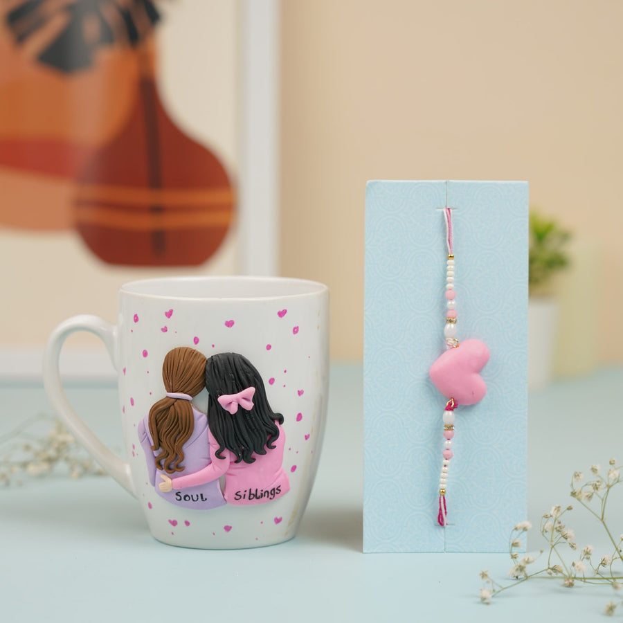 Handmade Soul Siblings Clay Rakhi Hamper With Roli Chawal Includes 1 Mug 1 Rakhi - Product with Bracelet and Card