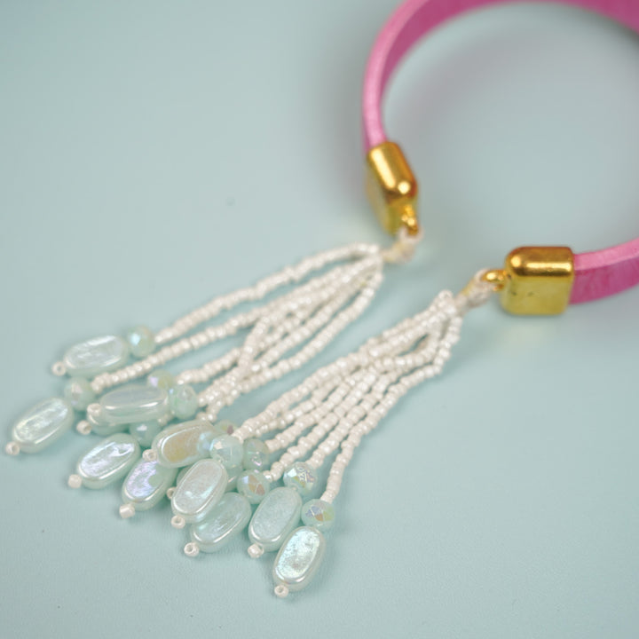 Handmade Heart Shaped Clay Bhaiya Bhabhi Rakhi With Roli Chawal Set Of 2 - Beaded Tassel Detail Close-up