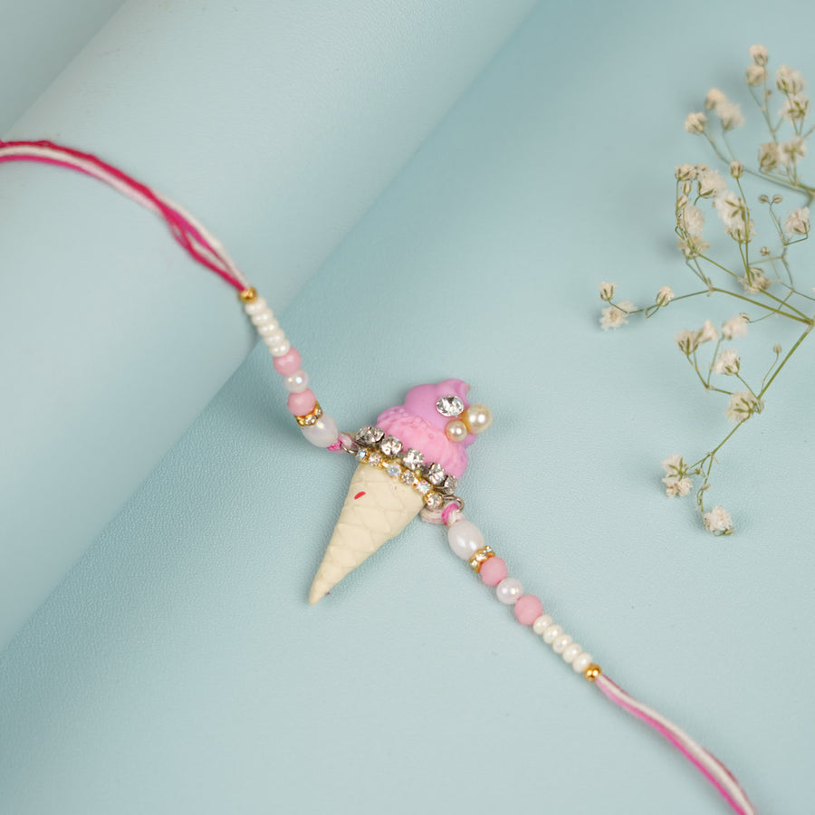 Handmade Beaded Icecream Theme Clay Rakhi With Roli Chawal For Sisters - Front Close-up