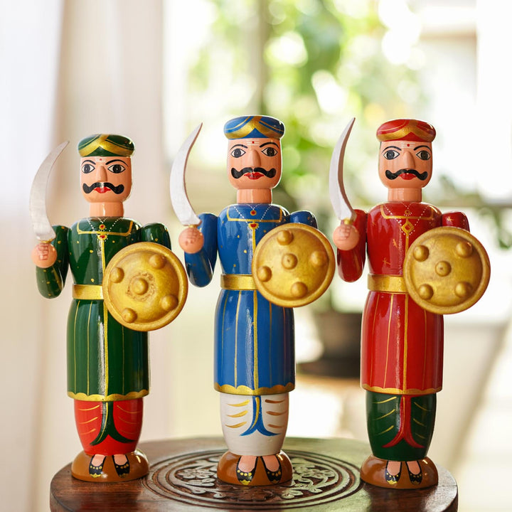 Handmade Man With Sword Wooden Golu Doll Toy For Festive Decor