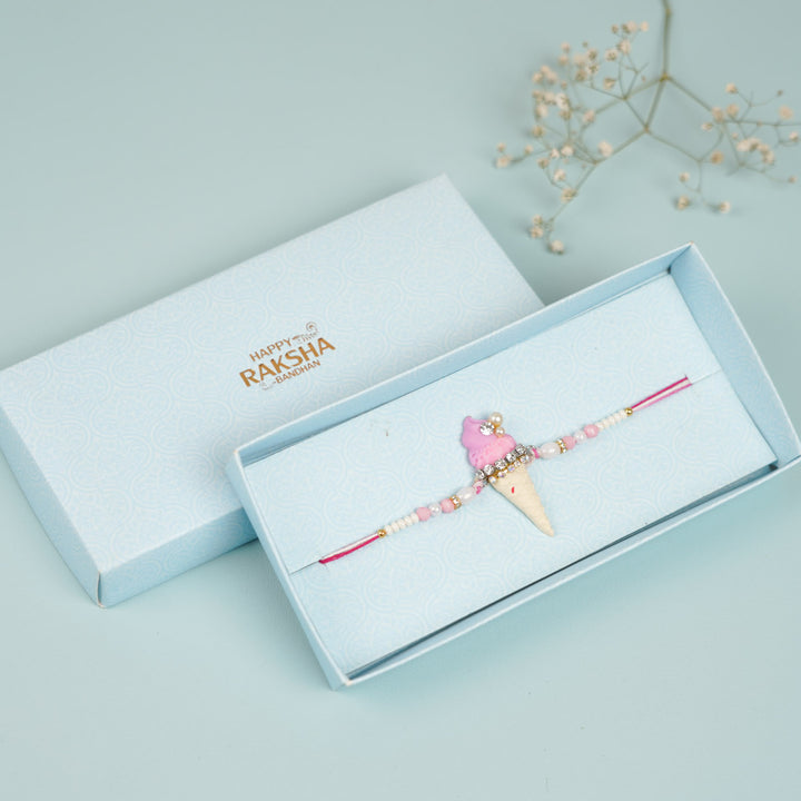 Handmade Beaded Icecream Theme Clay Rakhi With Roli Chawal For Sisters - In Packaging with Branding