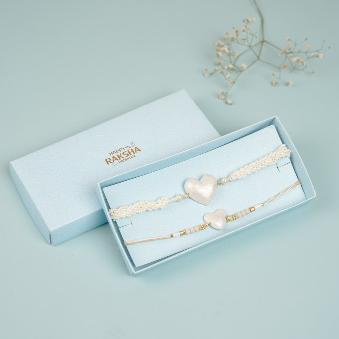 Handmade Heart Shaped Moti Clay Bhaiya Bhabhi Rakhi With Roli Chawal Set Of 2 - Bracelet Set in Gift Box