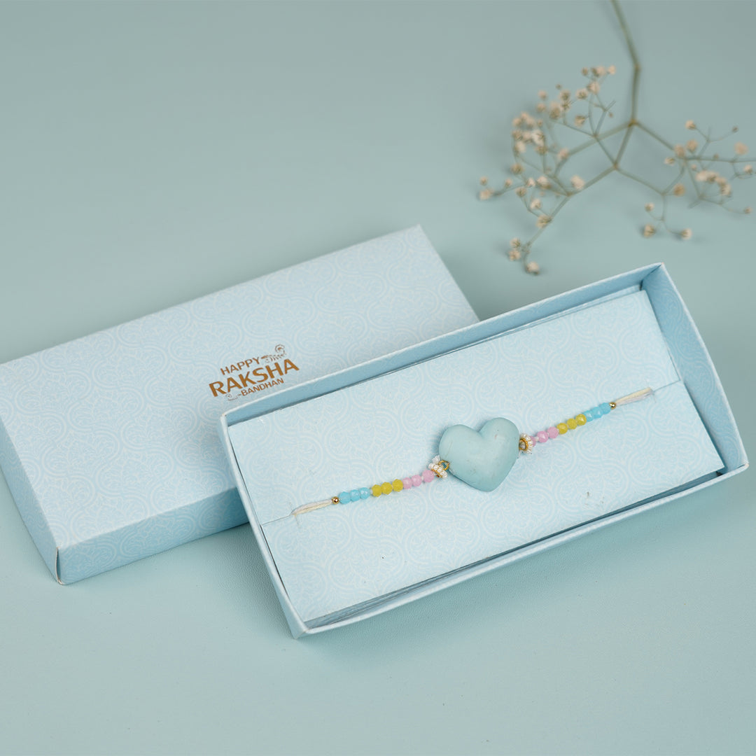 Handmade Heart Shaped Clay Bhaiya Bhabhi Rakhi With Roli Chawal Set Of 2 - Single Bracelet in Gift Box