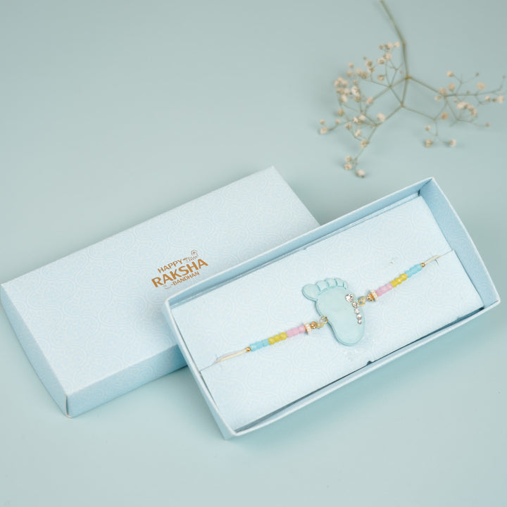 Handmade Blue And Pink Baby Feet Clay Bhaiya Bhabhi Rakhi With Roli Chawal Set Of 2 - In Packaging Box