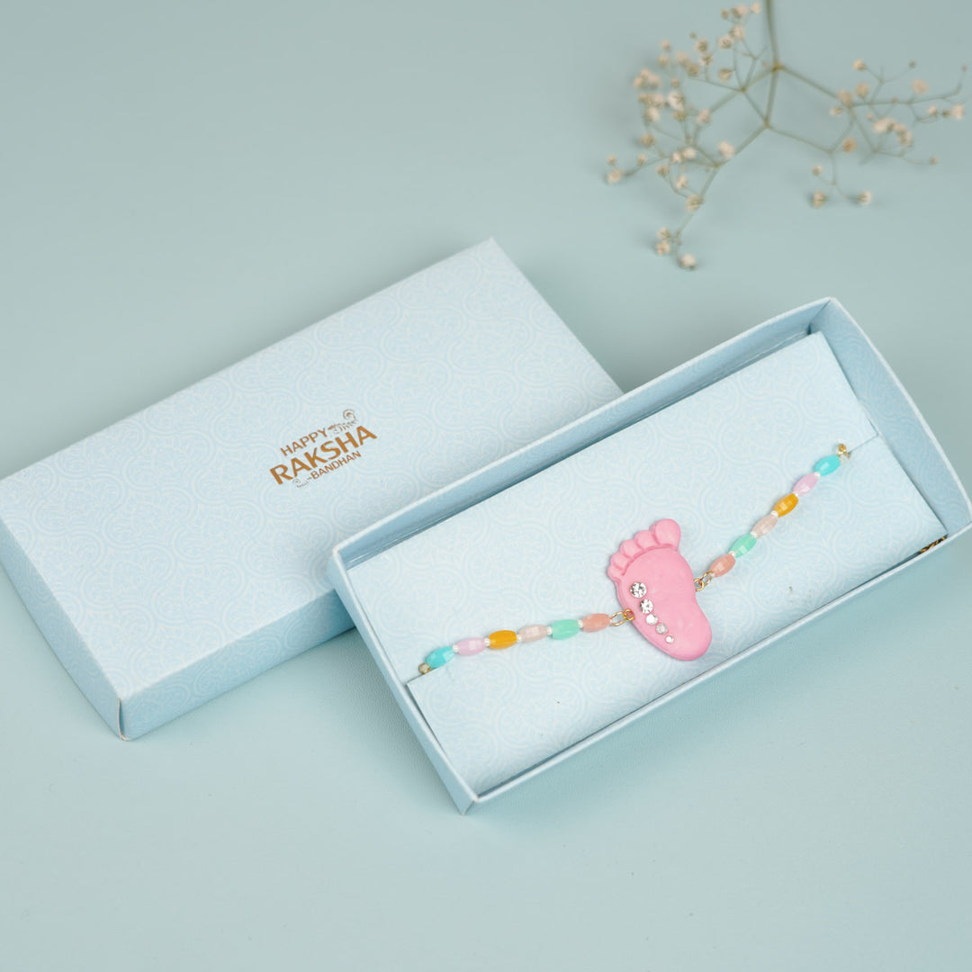 Handmade Blue And Pink Baby Feet Clay Bhaiya Bhabhi Rakhi With Roli Chawal Set Of 2 - In Packaging Box (5)