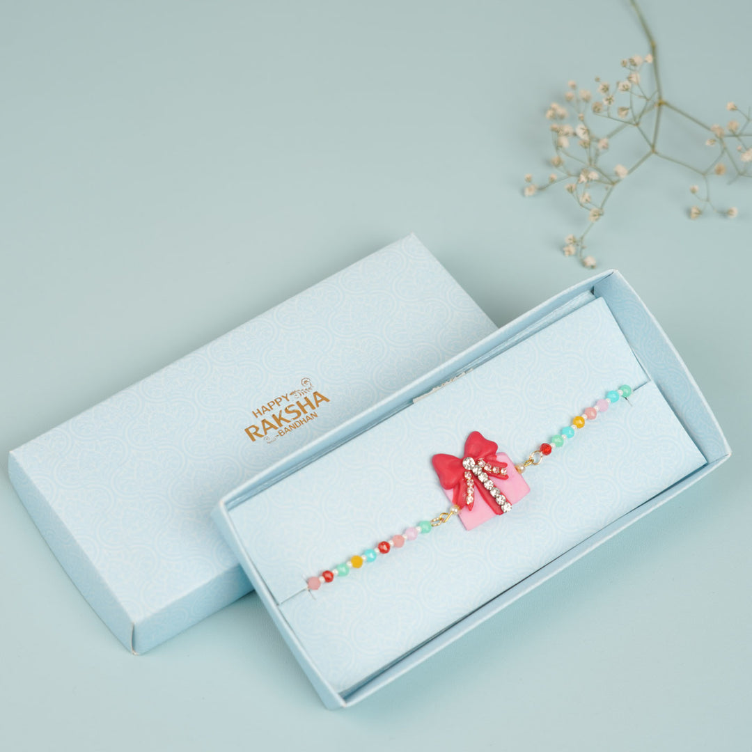 Handmade Beaded Gift Box Theme Clay Bracelet Rakhi With Roli Chawal For Sisters - In Gift Box Packaging