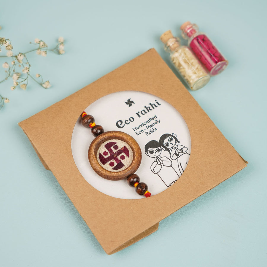 Handmade Pressed Flower Art Brown Beads Wooden Rakhi With Roli Chawal For Brother - In Packaging