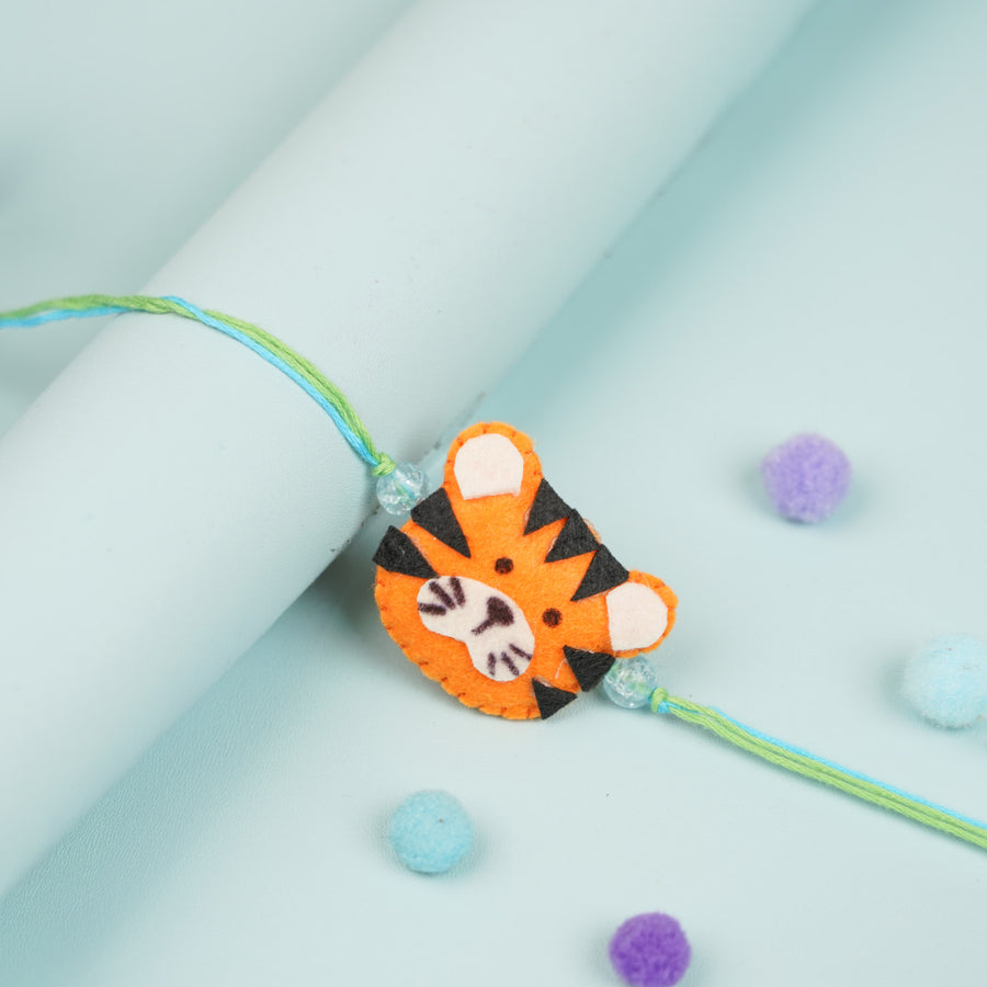 Handmade Tiger Theme Felt Kids Rakhi - Close-up of tiger face detail