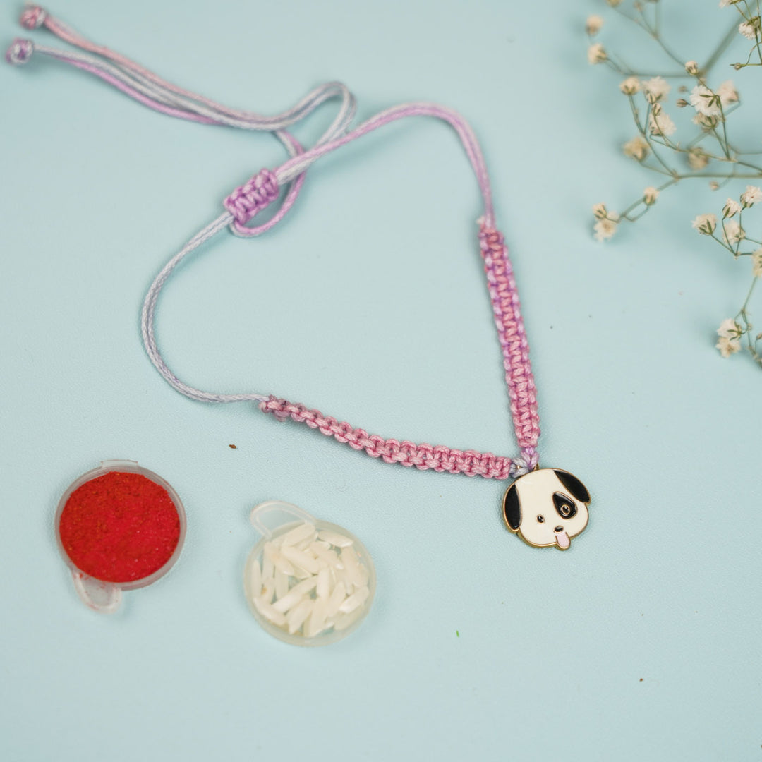 Handmade Doggo Design Metal Rakhi For Brother - Flat Lay with Accessories and Charm