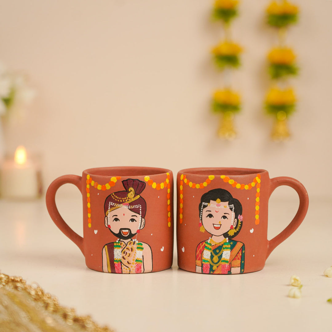 2 Pc | Maharashtrian Couple Personalized Handpainted Terracotta Mug | 200 ml